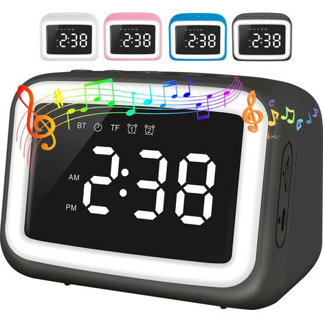 Réveil enfant Bluetooth avec haut-parleur, horloge numérique double alarme, veilleuse LED dimmable, fonction snooze et minuteur, pour chambre ado, noir (1/5)