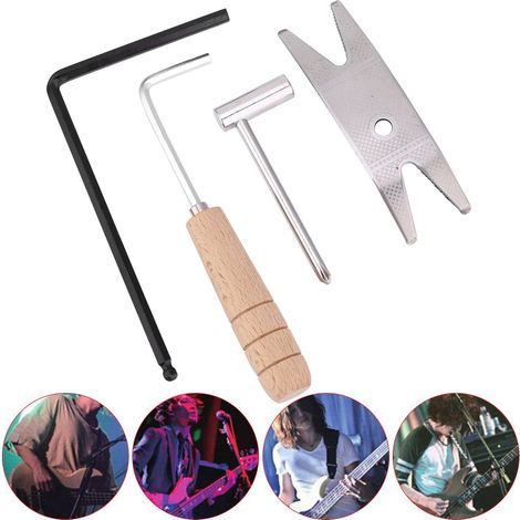 Ensemble de 4 outils de réparation pour guitare électrique : clé à molette en métal avec manche en bois et accessoires pour instruments de musique (1/5)