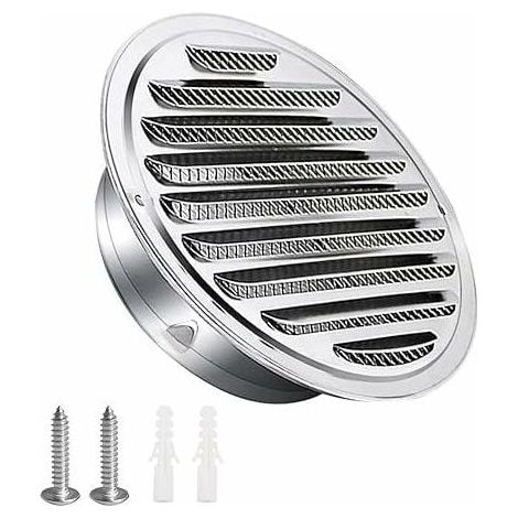 Grille aération VMC，Grille d'aération en acier inoxydable 125mm avec vis et chevilles Protection contre les intempéries Lamelles avec moustiquaire et boucle Grille d'évacuation d'air ronde Visser et b (1/4)