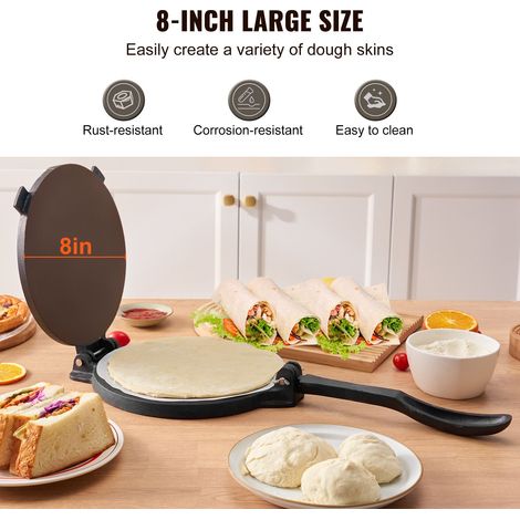 Presse à tortillas 20 cm en fonte robuste, moule roti galettes, pré-assaisonnée huile lin, avec 100 papiers cuisson, pour tortilla farine pita, usage pro et maison, gris (1/5)