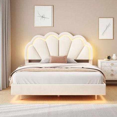 Doppelbett 140x200 - Elegante Muschel - Beige Samt - 16 LED-Farben - Massivholz-Untergestell