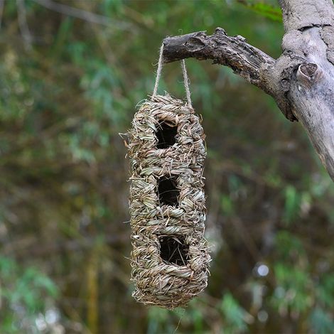 Handmade straw woven creative bird nest, bird house, three-hole birdhouse garden decoration (1/5)