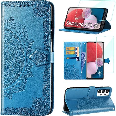 Coque Samsung Galaxy A13 4G + Verre Trempé, Étui Portefeuille Premium Cuir PU, Support Carte, Fermeture Magnétique, Flip Case Bleu