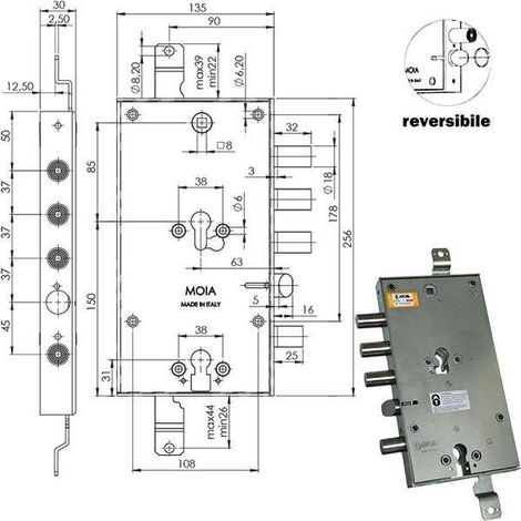Serratura di Sicurezza Triplice Cilindro E63 Rmto6654/370 per Porta Blindata Moia