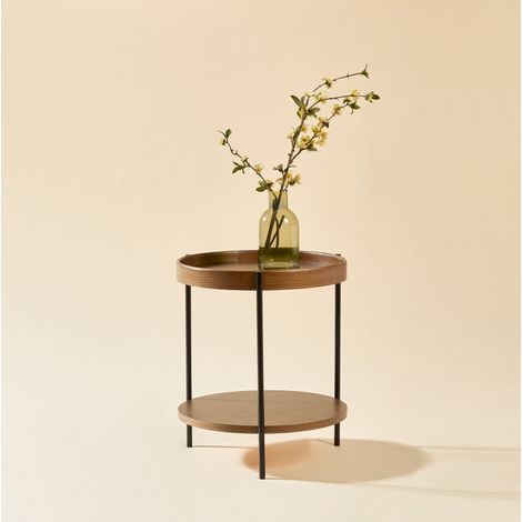 Mesa de centro Ø69x38 cm nogal en madera maciza y MDF con estructura de metal y diseño de 2 niveles (1/5)