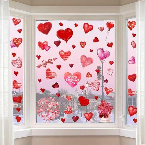 101PCS Autocollant Fenetre Saint Valentin, Autocollants Stickers de Fenêtre Electrostatiques Coeur Rouge pour Deco Romantique St Valentin (9 Feuilles) (1/5)