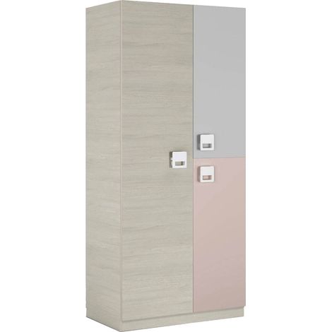 Guardaroba 3 ante Aronia, Armadio per cameretta, Mobile 3 ripiani con barra appendiabiti, 90x52h200 cm, Grigio e Rosa