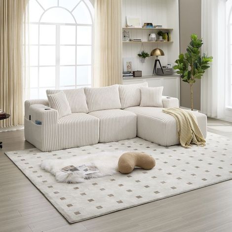Canapé modulable - KOMHTOM - Avec méridienne réversible - Velours côtelé beige - 2 places - 5 coussins (1/5)