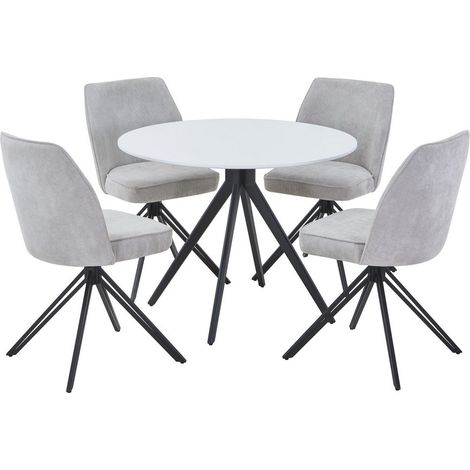 Aspen White Round Table & 4 Light Grey Swivel Dining Chairs - Upholstery Fabric - L69 x W46 x H92 cm