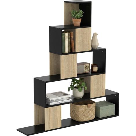 Étagère de rangement, bibliothèque géométrique à 5 niveaux, pour bureau, salon, chambre, noir et bois naturel (1/5)