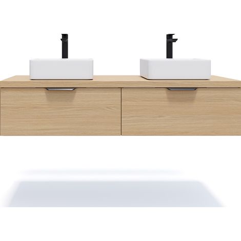 Meuble de salle de bain suspendu 2 vasques à poser 140cm 2 tiroirs Chêne clair - Soho (1/5)