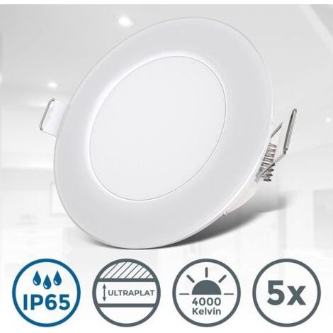 Lot de 5 spots LED encastrables IP65 – spéciales Salle de bain – Ultra-plats 30mm – Ø68mm – Blanc neutre 4000K – 3W / 350lm chacun (1/5)