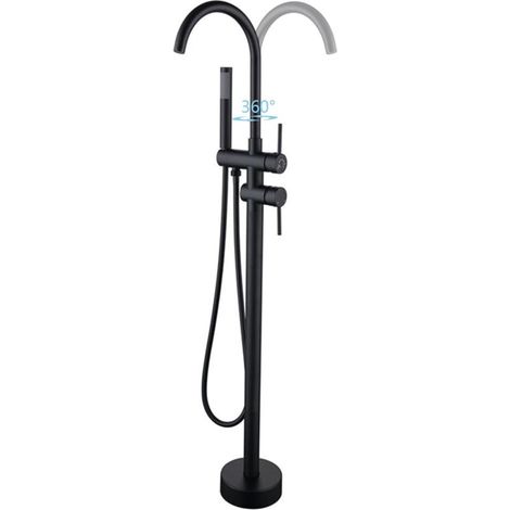 Robinet de Baignoire Ilot 2 Modes Mitigeur de Baignoire Ilot avec Douchette, Rotation à 360° Robinet de Baignoire sur Pied Laiton Robinet Mitigeur au Sol Moderne et Simple (Noir)