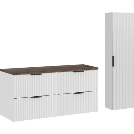 Bagno NOXERA 120 cm – Mobile sottolavabo sospeso bianco alpino con piano per lavabo effetto legno di abete, colonna