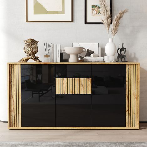 Buffet moderne noir‑bois 140x35x71 cm, 3 portes, compartiments, motif ondulé, finition laquée brillante, salon, salle à manger, entrée (1/5)