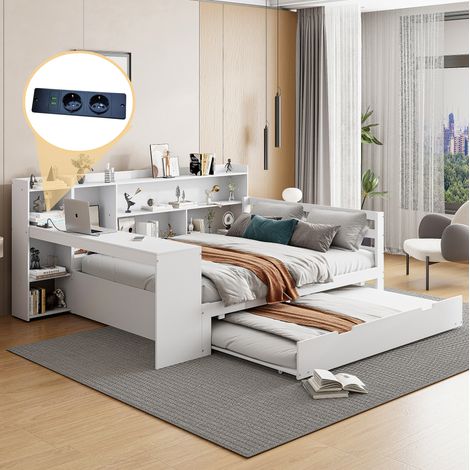 Lit banquette 140/200 cm blanc en bois massif avec lit gigogne, bureau, rangements et prises (1/5)