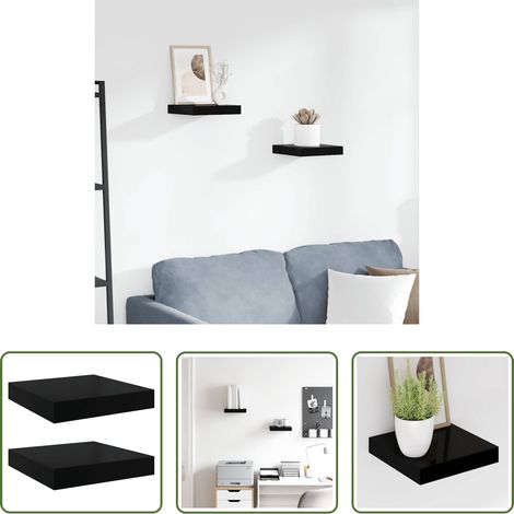 Étagère décorative - Étagère murale flottante 2 pcs Noir brillant 23x23,5x3,8 cm MDF (1/5)