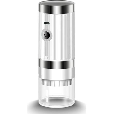 Molinillo de café eléctrico portátil con 5 niveles de molienda, recargable por USB-C, con cesta transparente.