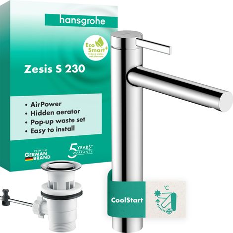 Mitigeur de lavabo avec tirette et vidage, Robinet de salle de bain avec hauteur sous bec 230 mm, max. 4l/min, Chromé (1/5)