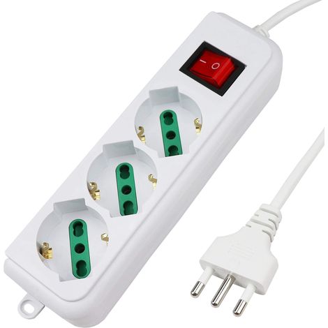 Multiprise électrique avec 3 prises universelles ITA 10/16 A et Schuko, interrupteur lumineux, câble 3 m avec prise italienne 16 A, blanc, biphasé. (1/5)