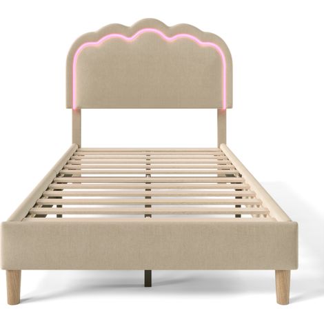 Lit simple LED rembourré 90 x 200 cm, cadre de lit avec sommier à lattes et tête de lit réglable, lit rembourré beige, cadre de lit pour chambre d'ado ou chambre d'amis - tissu de lin (1/5)