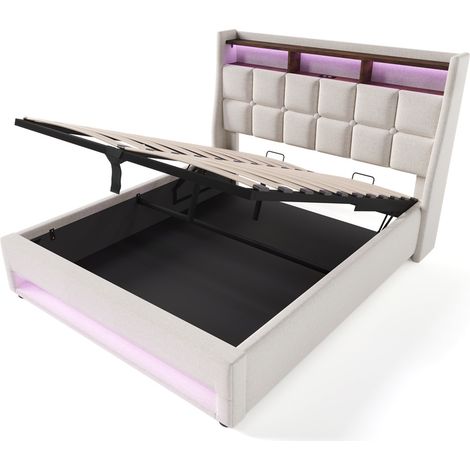 Lit rembourré avec USB 180x200cm,Lit simple LED avec sommier à lattes métalliques,Cadre de lit en lin Lit pour adolescents (Sans matelas) -Beige (1/5)