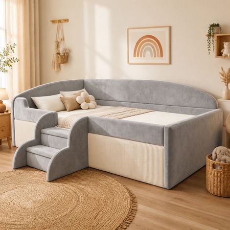 Lit enfant 90 x 190 cm en velours gris, lit rembourré avec barrières de sécurité, marches antidérapantes et sommier à lattes, sans matelas, pour chambre d’enfant – CHICFURN (1/5)