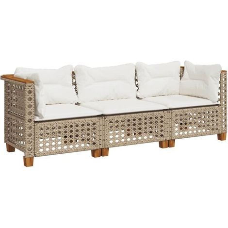 Canapé de jardin avec coussins, trois assises en résine tissée beige (1/5)
