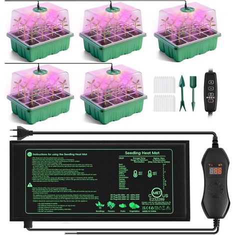 Mini Serre avec Lampe pour Plantes Tapis Chauffant, 5 Pièces Mini Serre pour Semis avec Thermostat Luminosité Réglable, Serre épaissie avec Couvercle et Ventilation