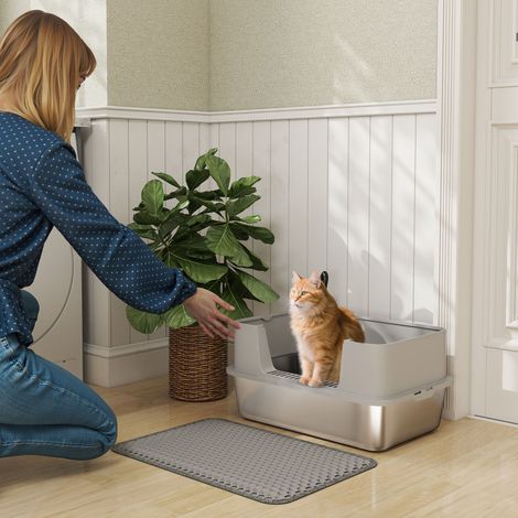Bac à litière XL en acier inoxydable. maison de toilette pour grand chat. nettoyage facile 60.2 x 40.2 x 29.5 cm. gris