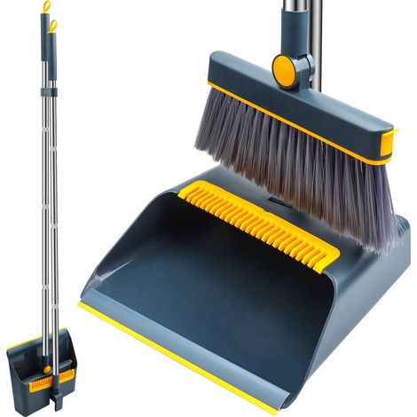 Ensemble balai à long manche et pelle à poussière, combinaison balai coupe-vent, tête de brosse rotative à 180 degrés avec pelle verticale, convient pour le nettoyage intérieur et extérieur (1/5)