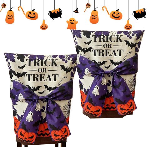 Lot de 2 housses de chaise élastiques imprimées nœud effrayant pour Halloween, 46 x 57 cm (1/5)
