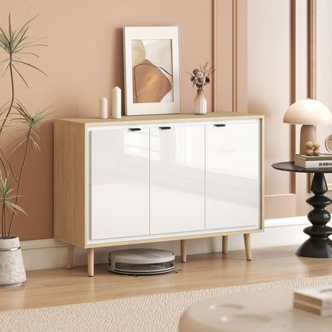 Buffet à haute brillance, meuble de rangement avec 3 portes, étagères réglables, 107 x 35 x 77 cm, blanc et chêne (1/5)