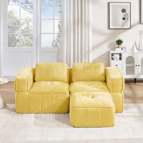 Canapé modulable d'angle jaune avec pouf mousse 32D et tissu (1/5)