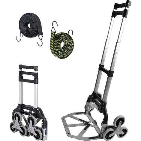 Carretilla plegable para escaleras, carro de transporte de aluminio capacidad 125 kg, carro para escaleras con 6 ruedas, 2 cuerdas elásticas, mango ajustable, carretilla para subir escaleras y mudanza (1/5)