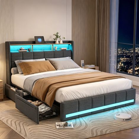 Lit Double 160x200 cm avec Sommier Éclairage LED et Charge USB Tpye C, Lit Coffre avec 4 Tiroirs de Rangement, 3 Compartiment et Étagère Ouvertes, 2 Personnes, en Lin, Gris (1/5)