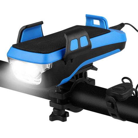 Lampe frontale vélo 4 en 1, support téléphone, rechargeable, klaxon intégré, étanche