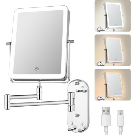 Miroir Maquillage Lumineux Rechargeable, Miroir Salle de Bain avec Éclairage 3 Couleurs, Miroir LED Grossissant 7X Mural, Rotatif à 360° et Extensible(AMZ-NHZJ2323-EU) (1/5)