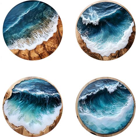 Lot de 4 dessous de verre ronds en bois motif vagues bleues pour pendaison de crémaillère, cadeau, décoration de bar (1/5)