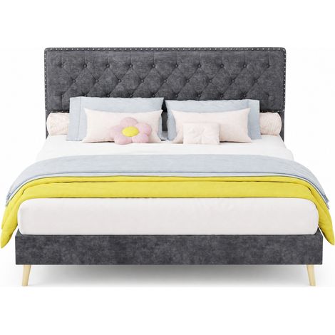 Lit double 160 x 200 cm en tissu gris avec tête de lit élégante, sommier à lattes, grand rangement sous le lit et montage rapide – CHICFURN (1/5)