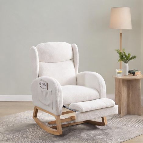 Fauteuil à bascule en bois et tissu Teddy blanc en teddy (1/5)
