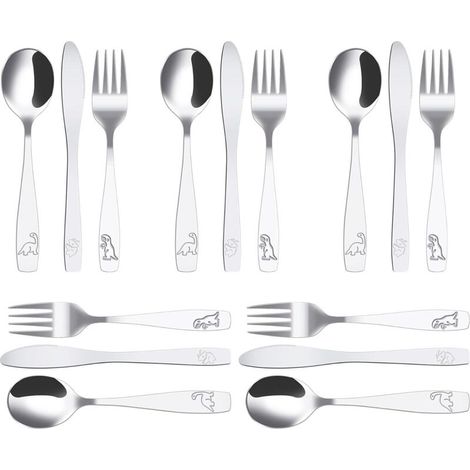Set di posate per bambini in acciaio inox da 15 pezzi: 5 forchette, 5 cucchiai, 5 coltelli seghettati, set di posate per bambini sicuro, design dinosauro della giungla