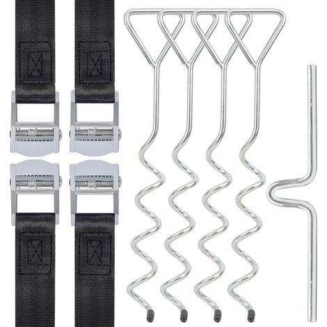 Bodenanker Trampolin Erdanker Trampolin Set für Trampolin, Schaukel, Pavillon, Partyzelt, Gartenhaus, Schaukel, Zelt - 4 Bodenanker Erdanker + 4 Verstellbarer Gurte + 1 Drehhilfe (1/5)