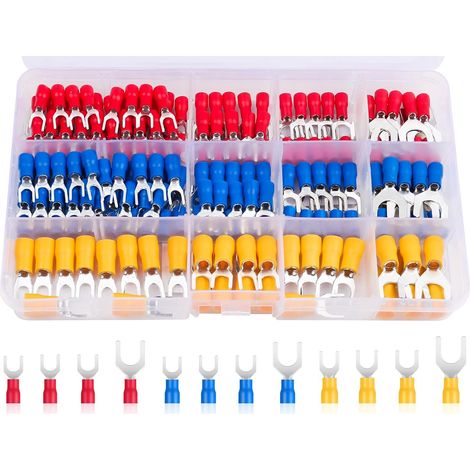 Lot de 180 cosses à fourche 0,5-6,0 mm² - Lot de cosses à fourche M4/M5/M6/M8 - Partiellement isolées - 12 tailles - Cosses de câble en cuivre étamé pour pièces automobiles, mécaniciens, (1/5)