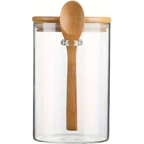 (500 ml - 1 bouteille) Bocal de cuisine en verre avec couvercle en bambou, idéal pour conserver les flocons d'avoine, la salade, le yaourt, les grains de café. (1/5)