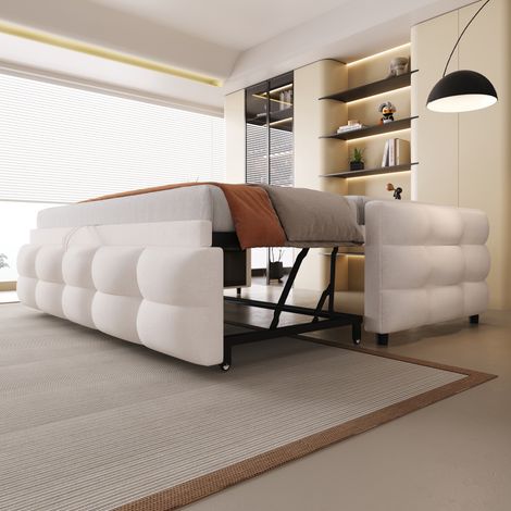 Lit coffre canapé convertible 90/180x190cm, sommier à lattes fourni, canapé-lit en velours teddy beige, lit simple et double usage, meuble escamotable sans matelas