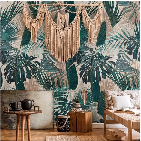 Photo wallpaper wall Profhome 391801 hot embossed non-woven wallpaper smooth with jungle elements matt green teal concrete grey 1,59 m x 2,8 m (1/5)