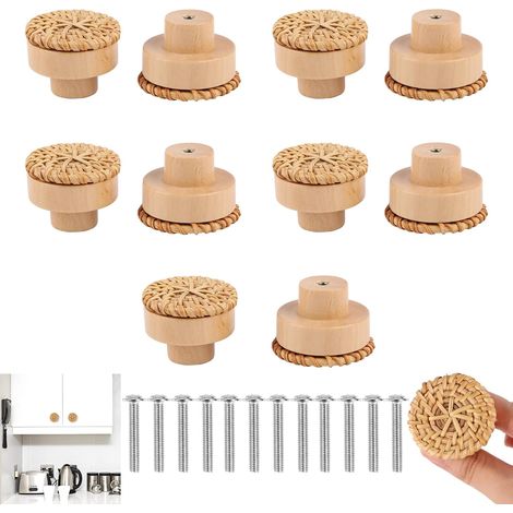 Lot de 10 Boutons de Meuble Rotin 40 mm Bouton de Meuble Bohème, Boutons de Portes pour Placards Bohème, Poignée Meuble Bois Bouton de Porte Pour Armoire, Tiroir, Salon, Armoires de Cuisine
