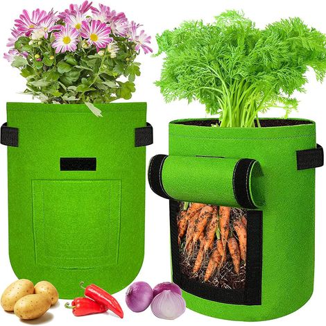 Grüne Kartoffelpflanzsäcke, 2er-Pack, 7 Gallonen (ca. 26,5 Liter), atmungsaktiv, aus Vliesstoff, mit Griffen und Sichtfenster (1/5)
