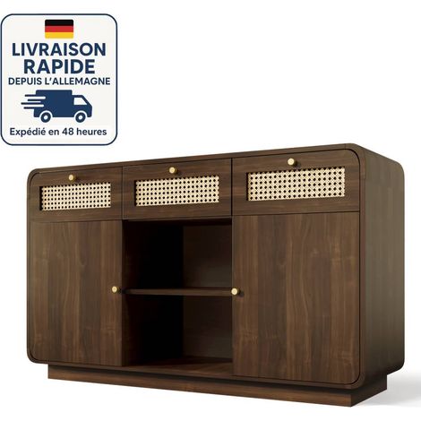Aparador moderno de 120 cm - Con 3 cajones y 4 puertas - Con tiradores de ratán y dorados (1/5)